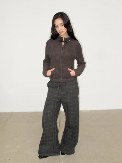 Mito de dar Slit Side Pleated Grey Plaid Wide Leg Pants