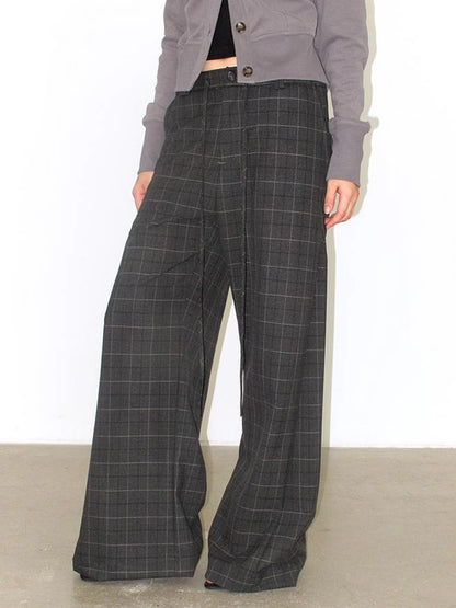 Mito de dar Slit Side Pleated Grey Plaid Wide Leg Pants
