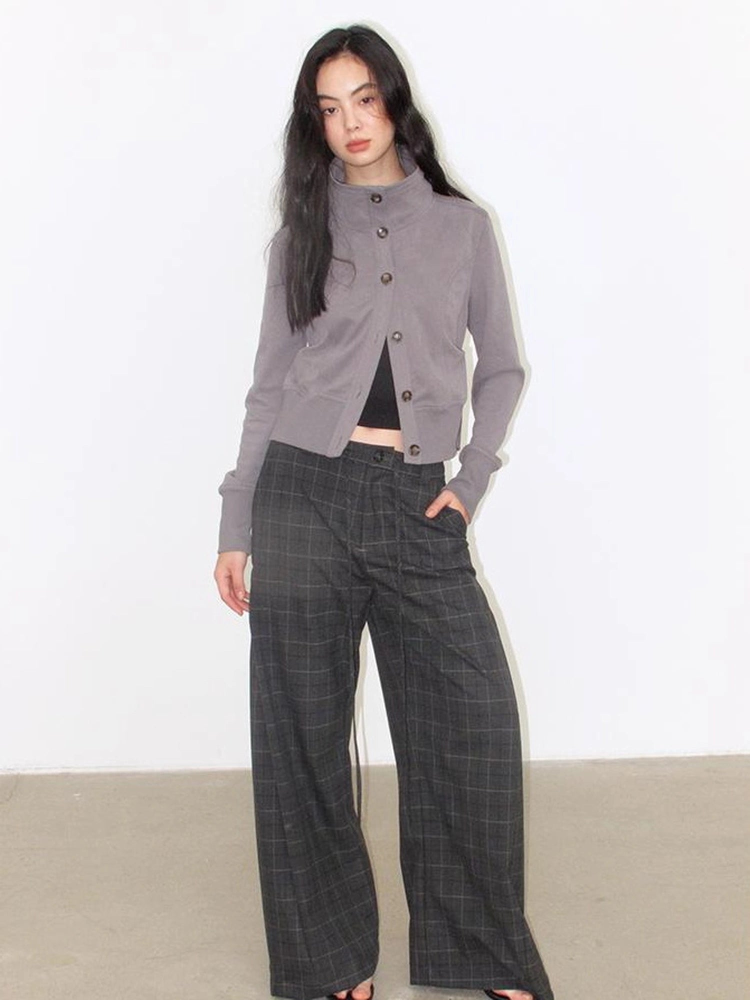 Mito de dar Slit Side Pleated Grey Plaid Wide Leg Pants