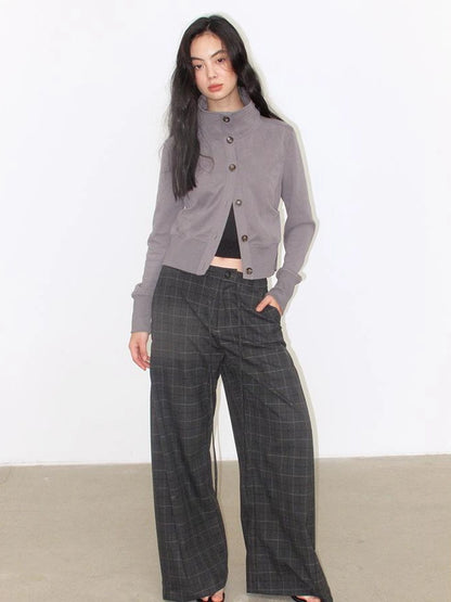 Mito de dar Slit Side Pleated Grey Plaid Wide Leg Pants