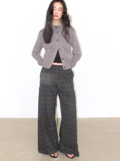 Mito de dar Slit Side Pleated Grey Plaid Wide Leg Pants