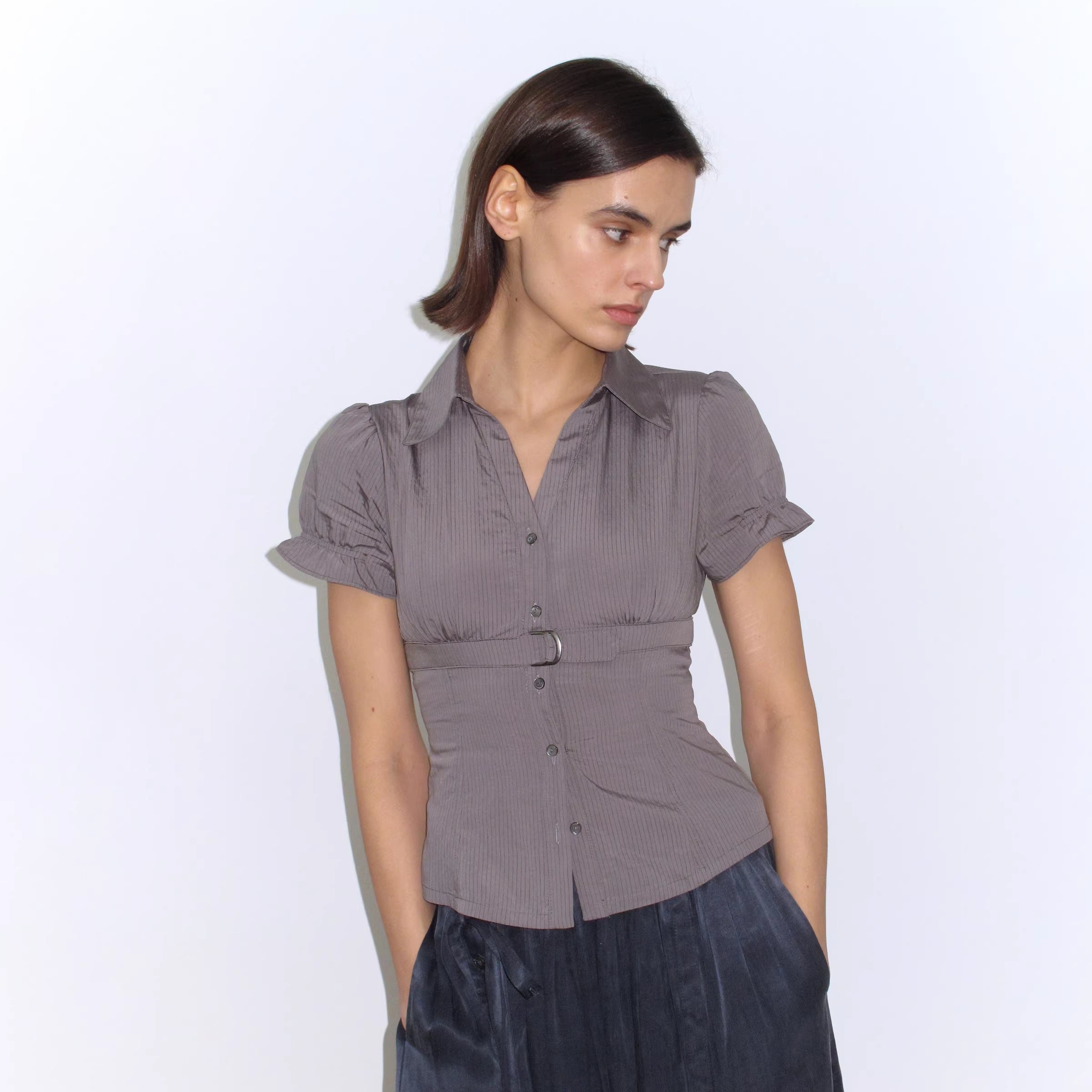 Mito_de_dar_Soft_Modal_Cupro_Blend_Slim_Waist_Cinch_Puff_Sleeve_Collared_Striped_T-Shirt_MISSTT