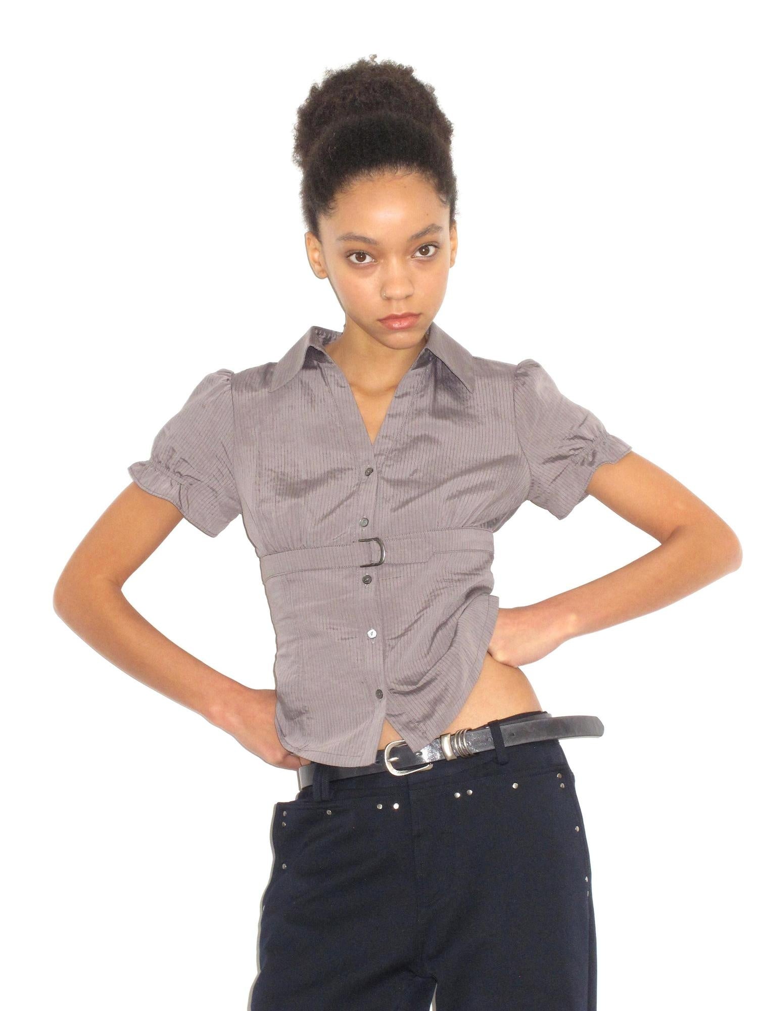 Mito de dar Soft Modal Cupro Blend Slim Waist Cinch Puff Sleeve Collared Striped T-Shirt