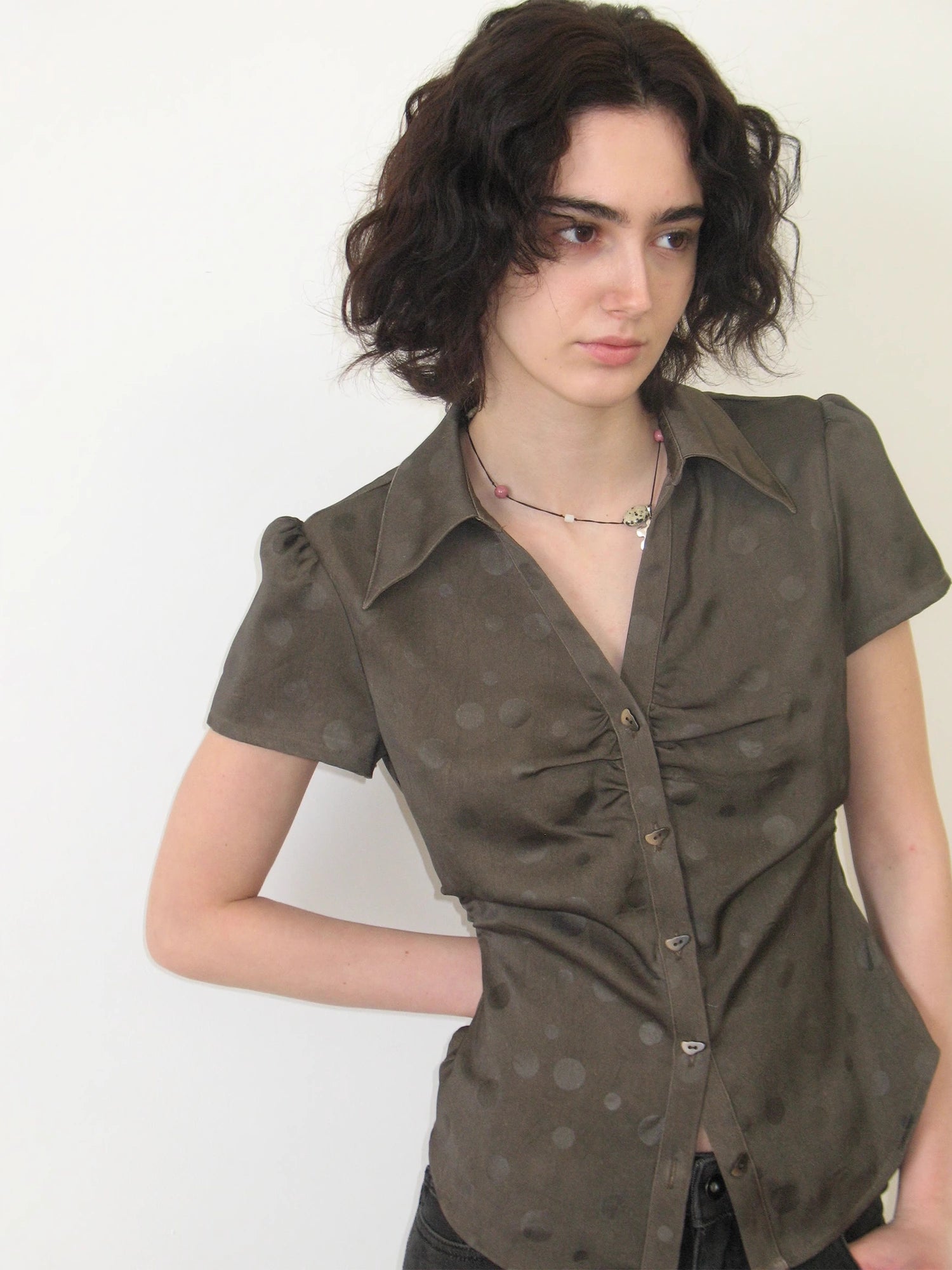 Mito_de_dar_V-Neck_Polka_Dot_Waist_Cinched_Office_Shirt_MISSTT