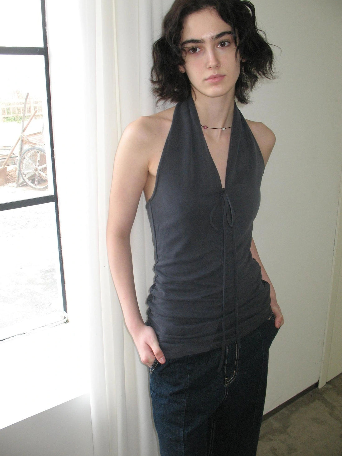 Velvet Curved Halter Deep V Ruffle Hem Slip Top
