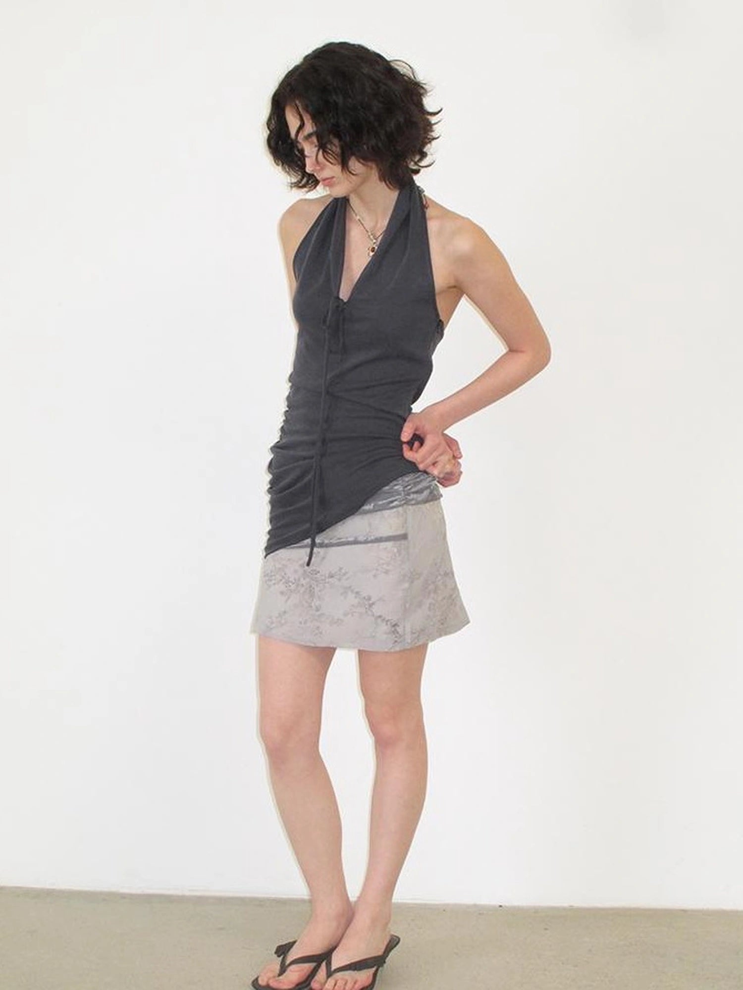 Velvet Curved Halter Deep V Ruffle Hem Slip Top
