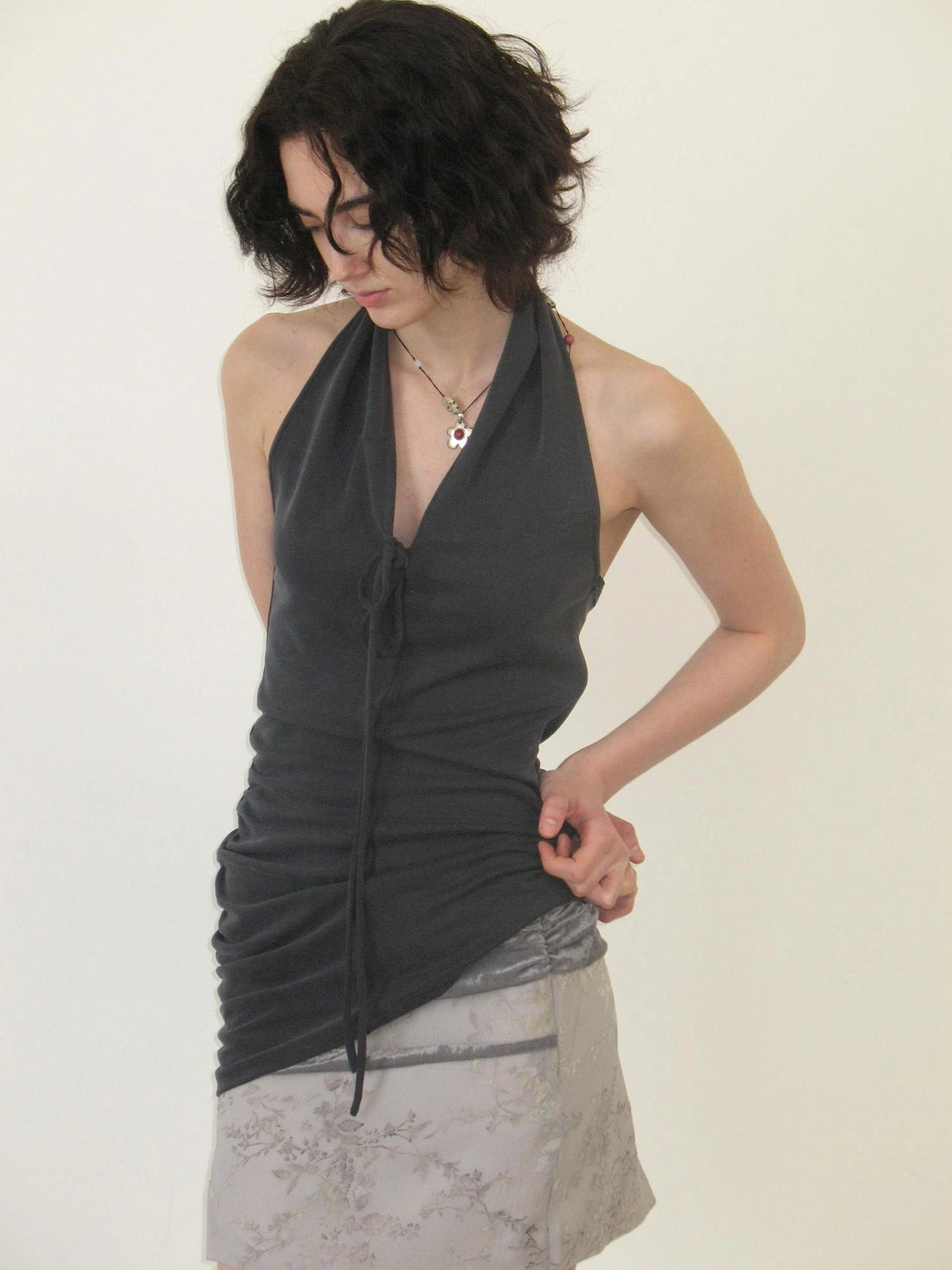 Velvet Curved Halter Deep V Ruffle Hem Slip Top