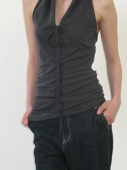 Velvet Curved Halter Deep V Ruffle Hem Slip Top