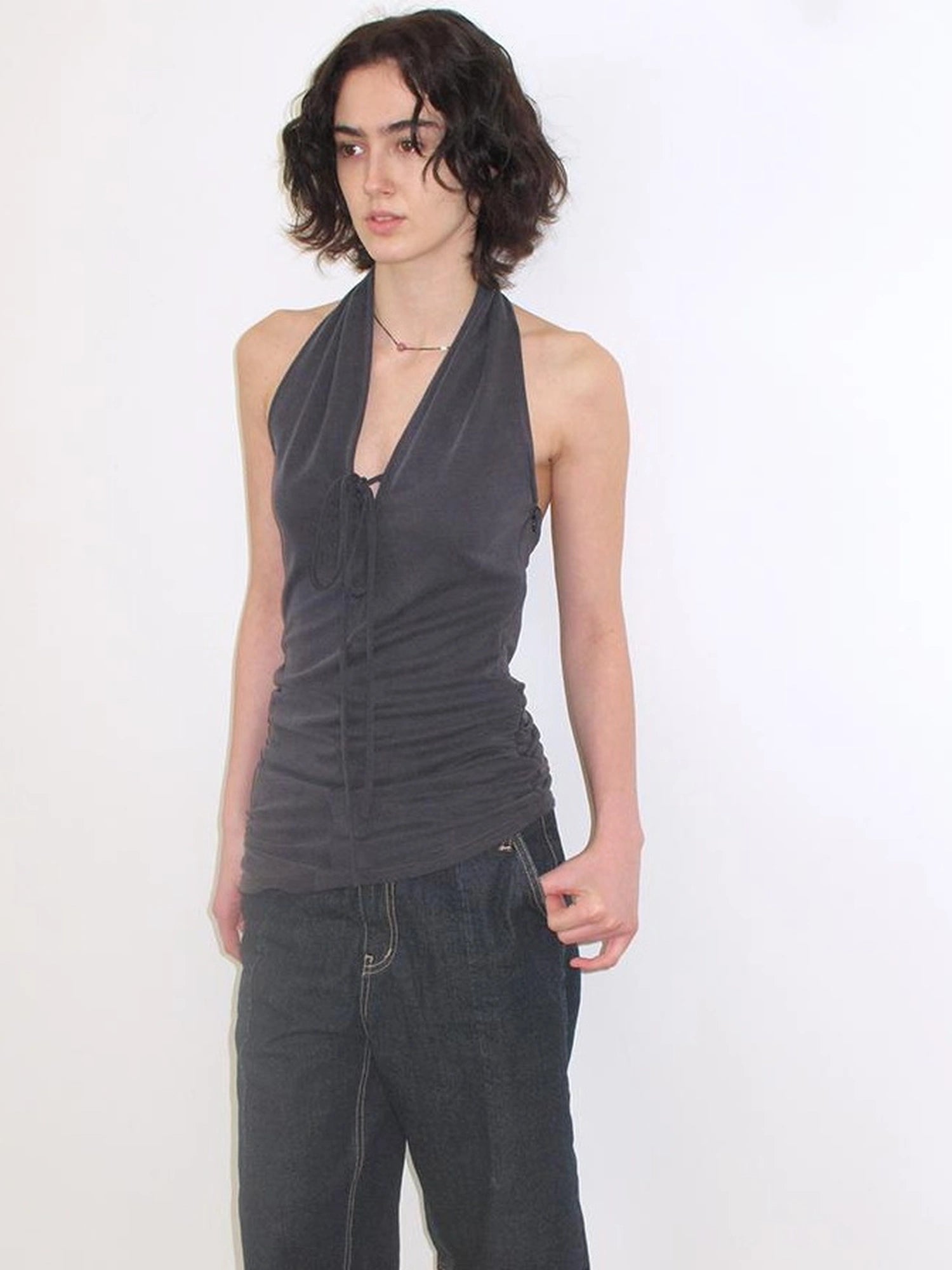 Velvet Curved Halter Deep V Ruffle Hem Slip Top