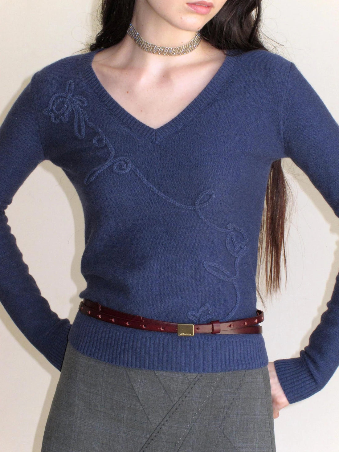Mito de dar Vintage Burgundy Double Layer Leather Belt With Floral Accent