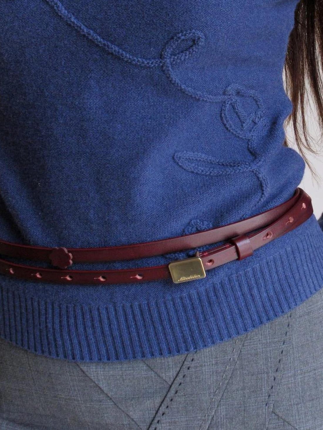 Mito de dar Vintage Burgundy Double Layer Leather Belt With Floral Accent