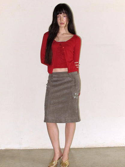 Mito de dar Vintage Embroidered Suede A Line Skirt