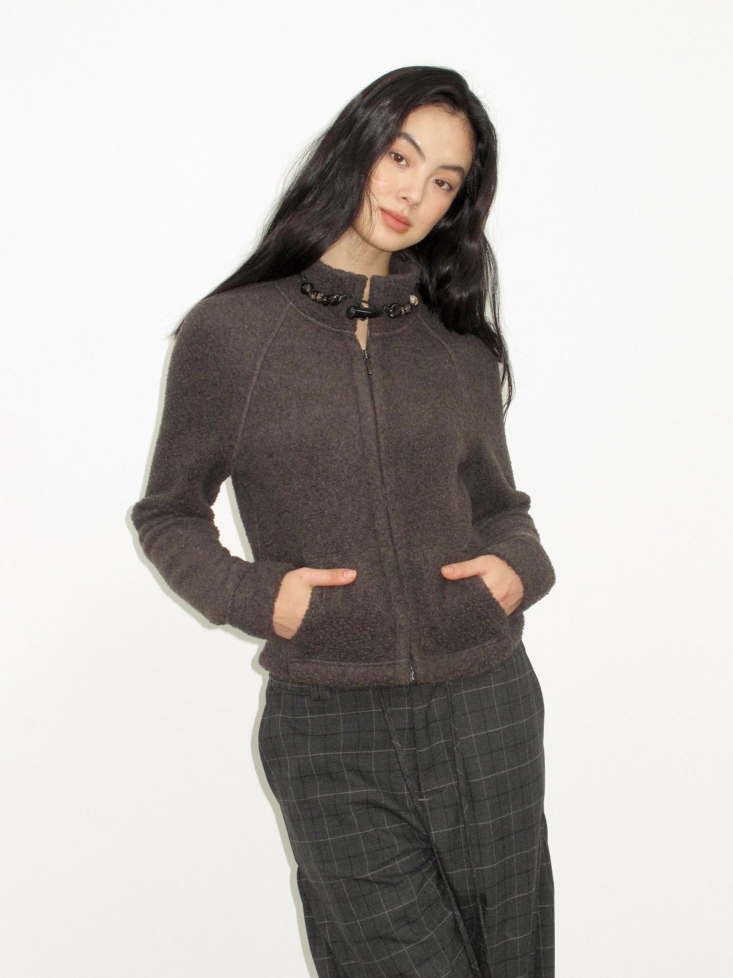 Mito de dar Warm Wool Blend Toggle Detail Casual Short Stand Collar Women Chocolate Jacket