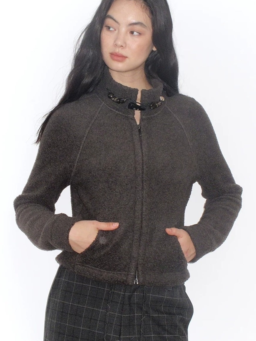 Mito de dar Warm Wool Blend Toggle Detail Casual Short Stand Collar Women Chocolate Jacket