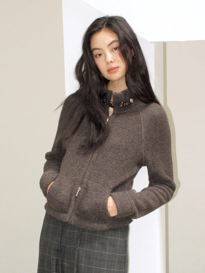 Mito de dar Warm Wool Blend Toggle Detail Casual Short Stand Collar Women Chocolate Jacket