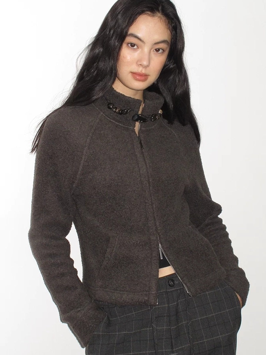 Mito de dar Warm Wool Blend Toggle Detail Casual Short Stand Collar Women Chocolate Jacket