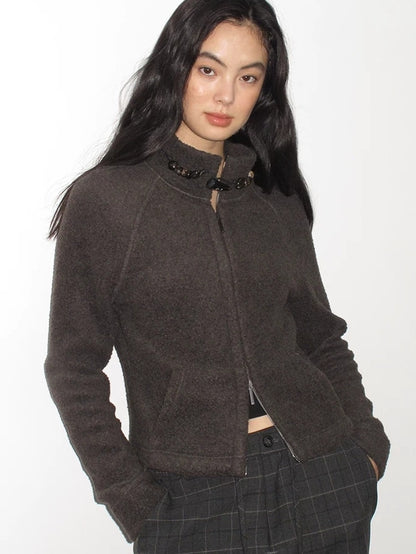 Mito de dar Warm Wool Blend Toggle Detail Casual Short Stand Collar Women Chocolate Jacket