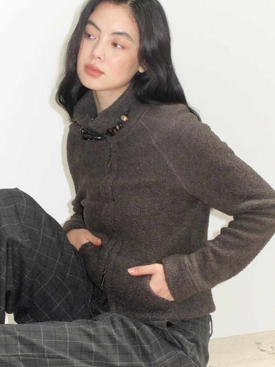 Mito de dar Warm Wool Blend Toggle Detail Casual Short Stand Collar Women Chocolate Jacket