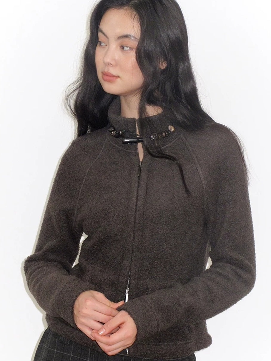 Mito de dar Warm Wool Blend Toggle Detail Casual Short Stand Collar Women Chocolate Jacket