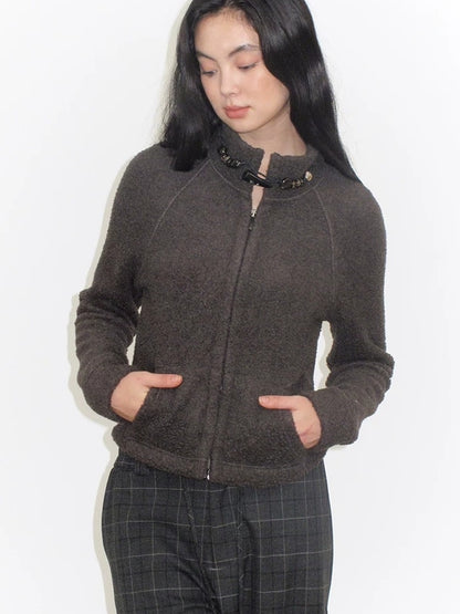 Mito de dar Warm Wool Blend Toggle Detail Casual Short Stand Collar Women Chocolate Jacket