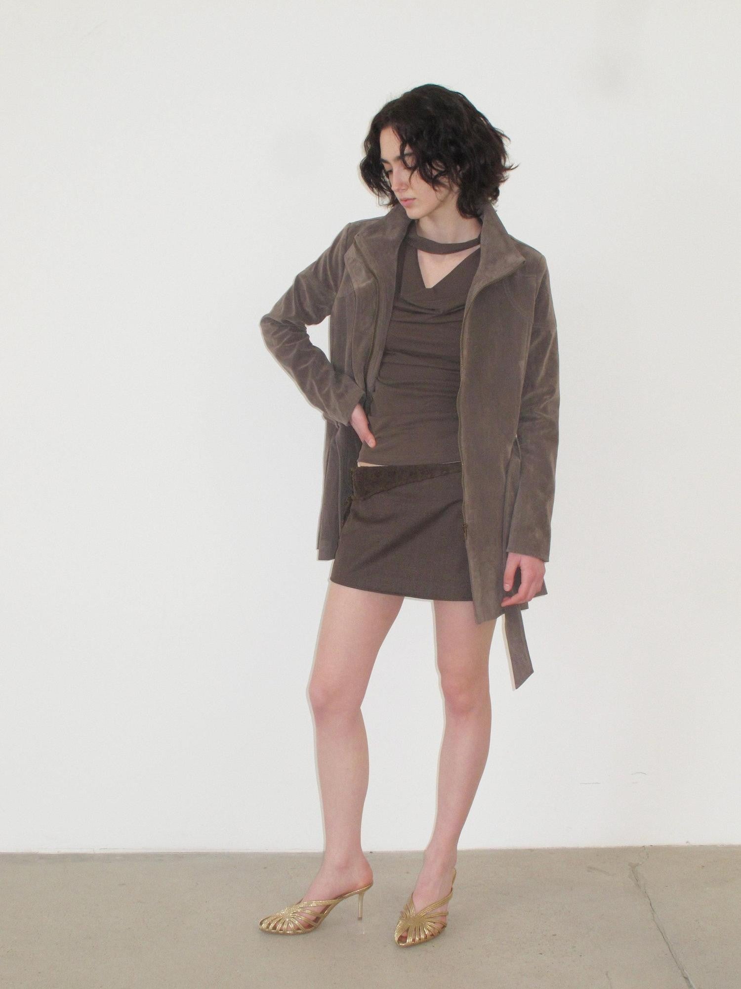 Mito de dar Washed Suede Lace Up Skirt Style Stand Collar Women&