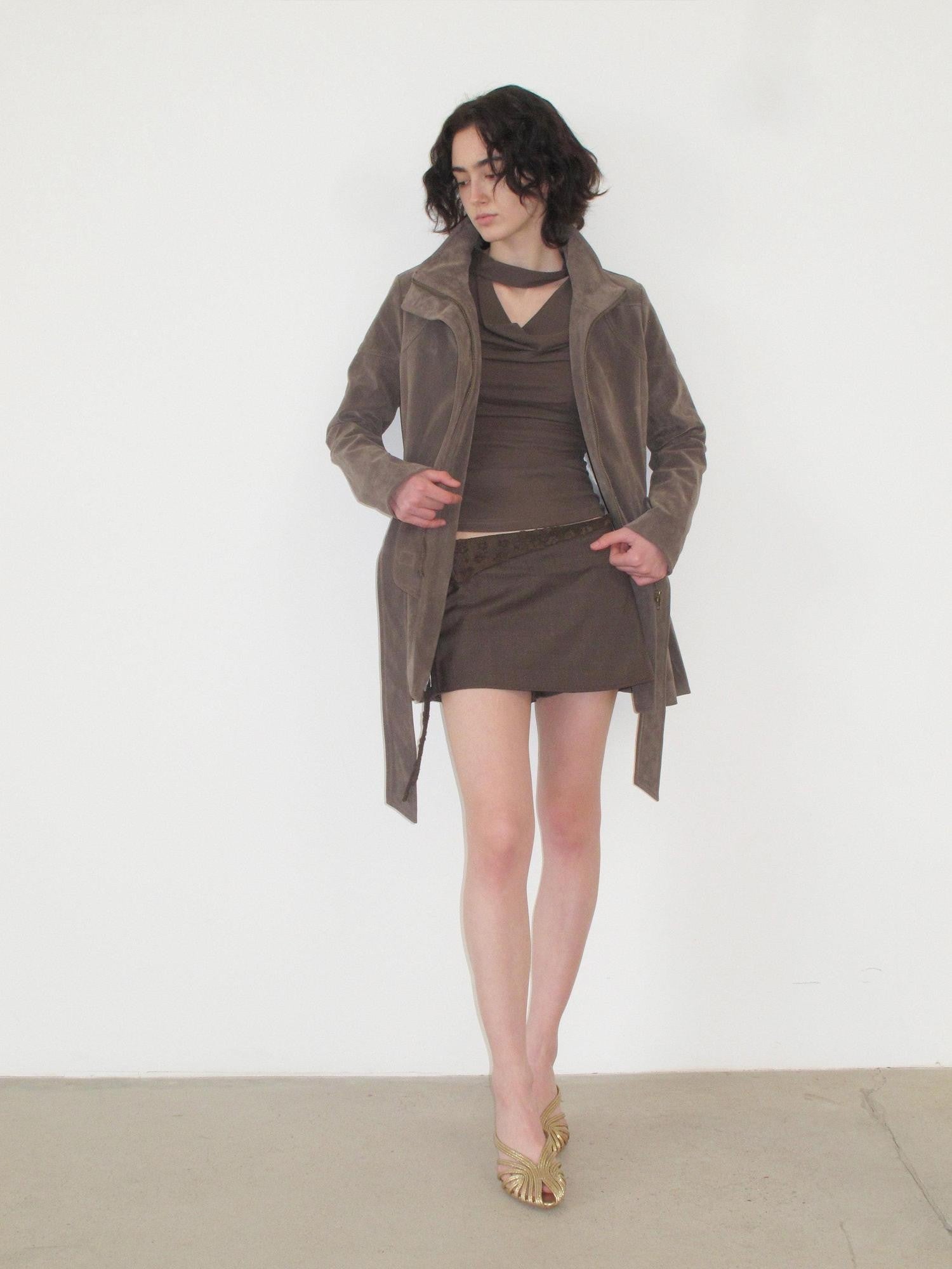 Mito de dar Washed Suede Lace Up Skirt Style Stand Collar Women&