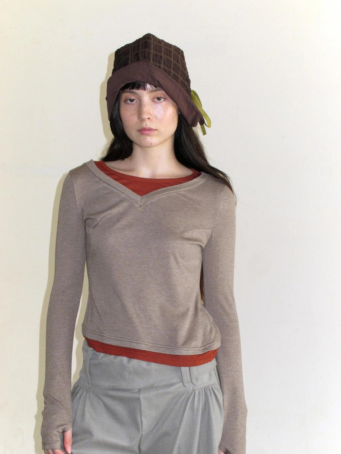 Mito de dar Wool Blend Knit Contrast Color Pleated Long Sleeve Shirt