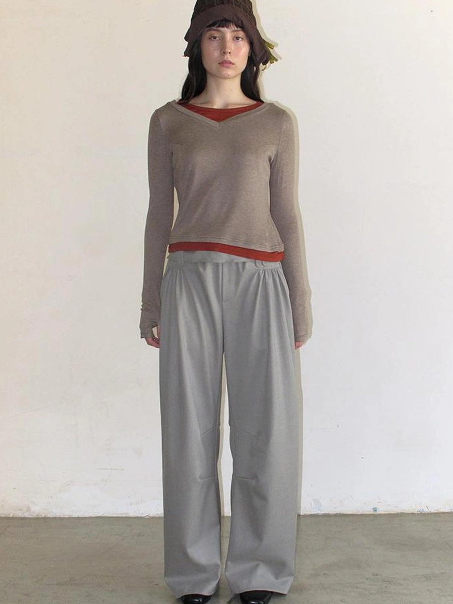 Mito de dar Wool Blend Knit Contrast Color Pleated Long Sleeve Shirt