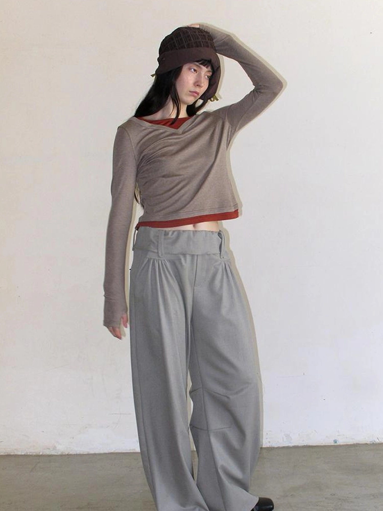 Mito de dar Wool Blend Knit Contrast Color Pleated Long Sleeve Shirt