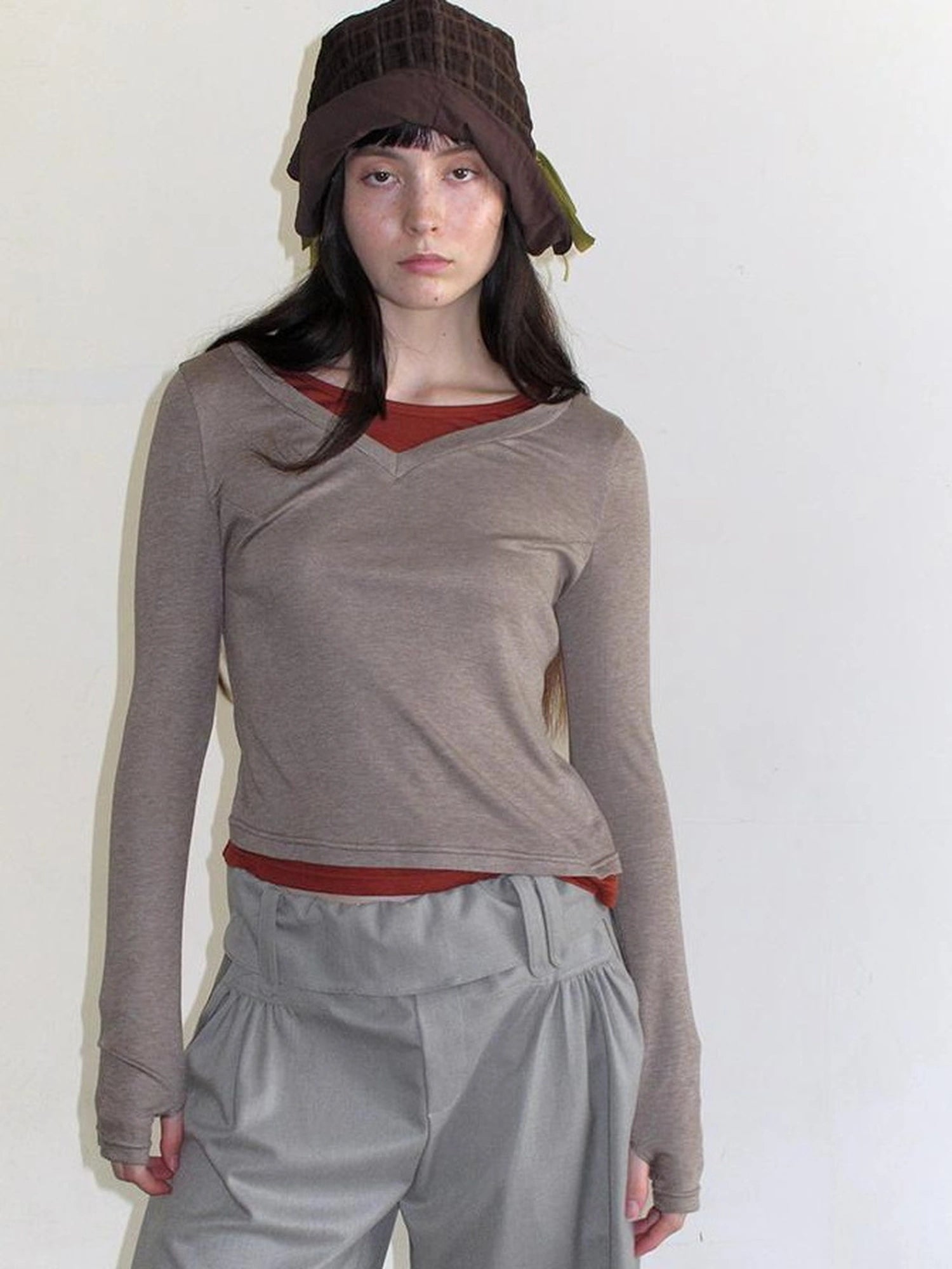 Mito de dar Wool Blend Knit Contrast Color Pleated Long Sleeve Shirt