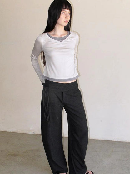 Mito de dar Wool Blend Knit Contrast Color Pleated Long Sleeve Shirt