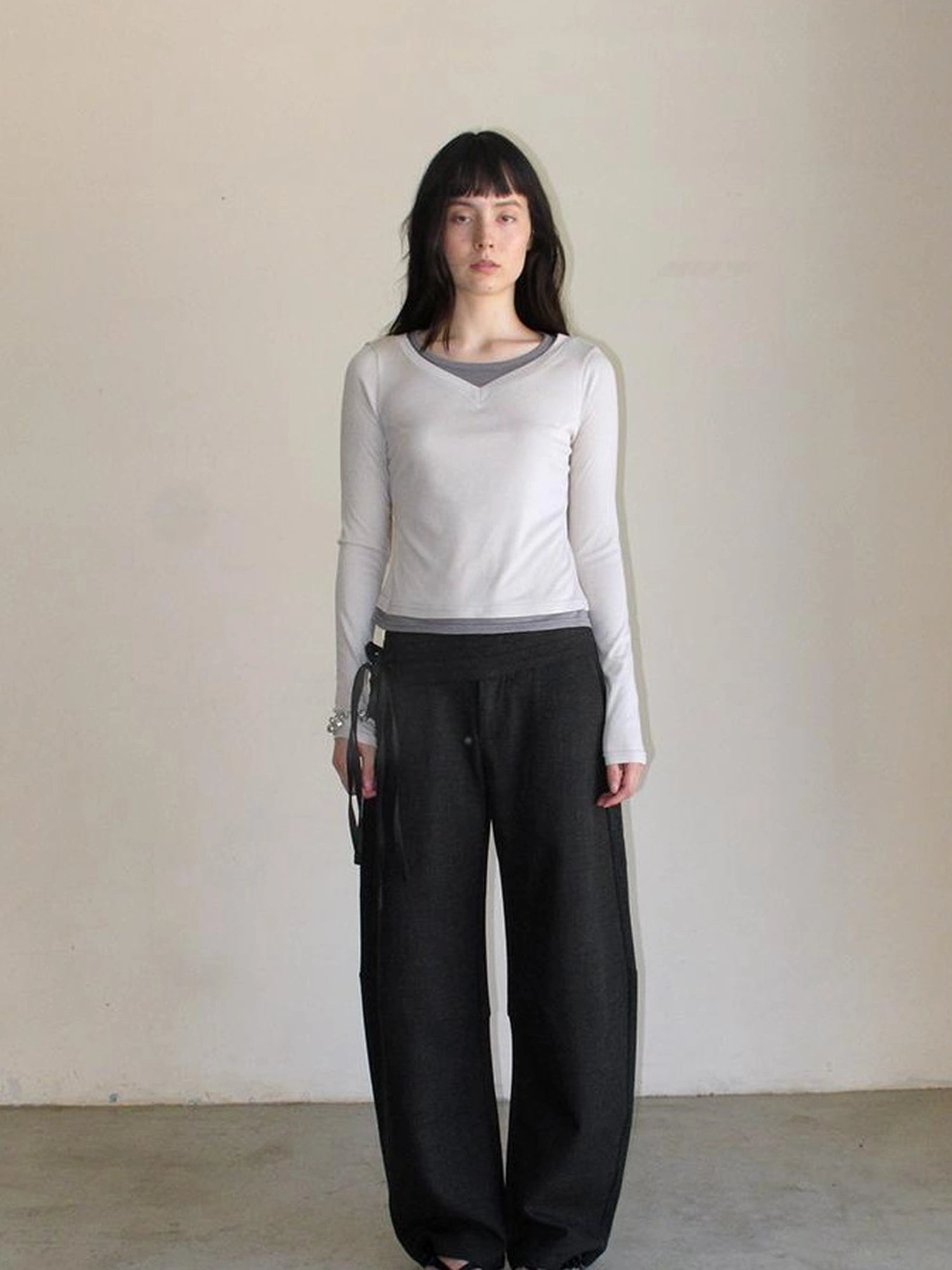 Mito de dar Wool Blend Knit Contrast Color Pleated Long Sleeve Shirt