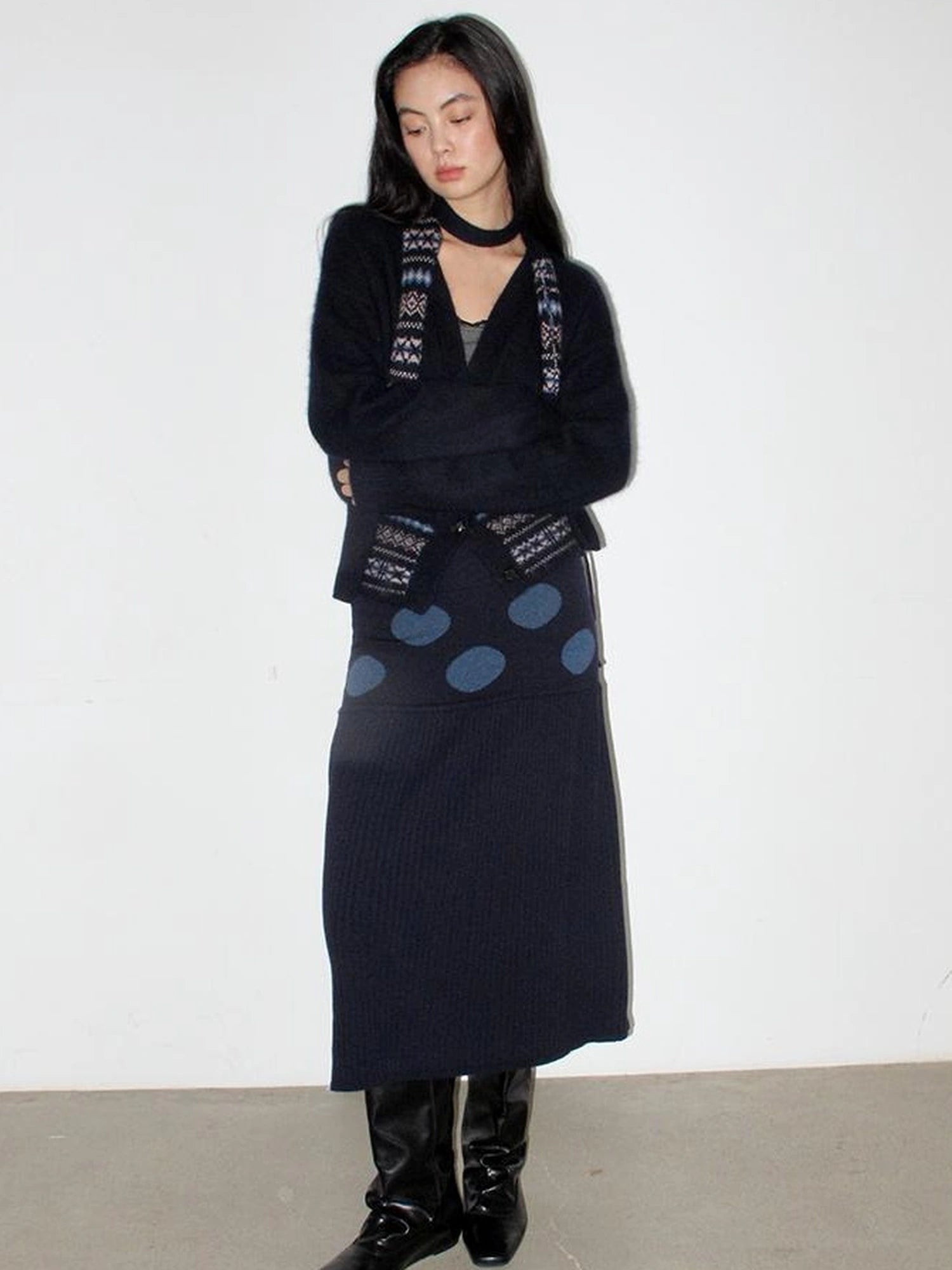 Mito de dar Wool Blend Polka Dot Knitted Midi Skirt