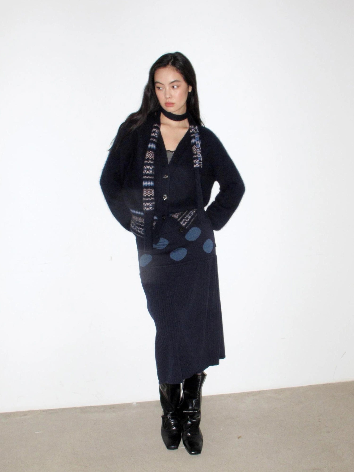 Mito de dar Wool Blend Polka Dot Knitted Midi Skirt