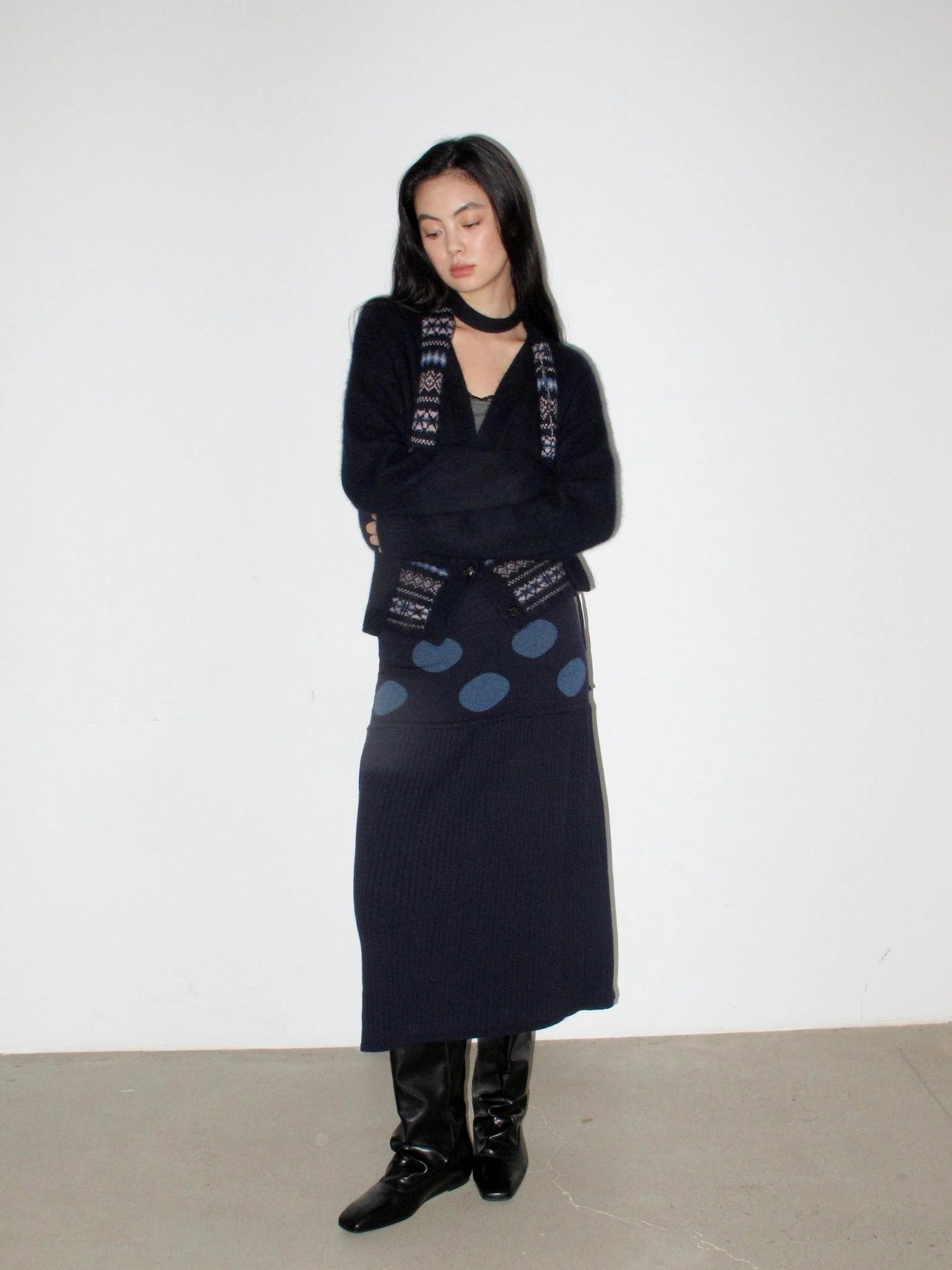 Mito de dar Wool Blend Polka Dot Knitted Midi Skirt