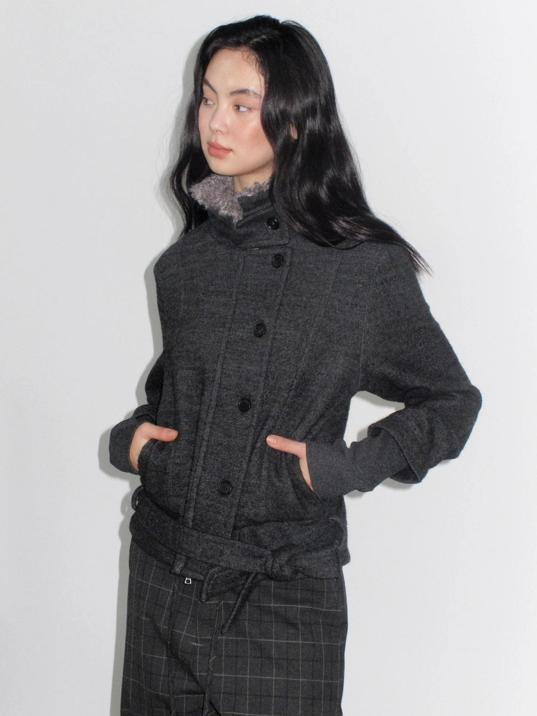 Mito de dar Wool Stand Collar Slim Fit Detachable Fur Trim Short Coat