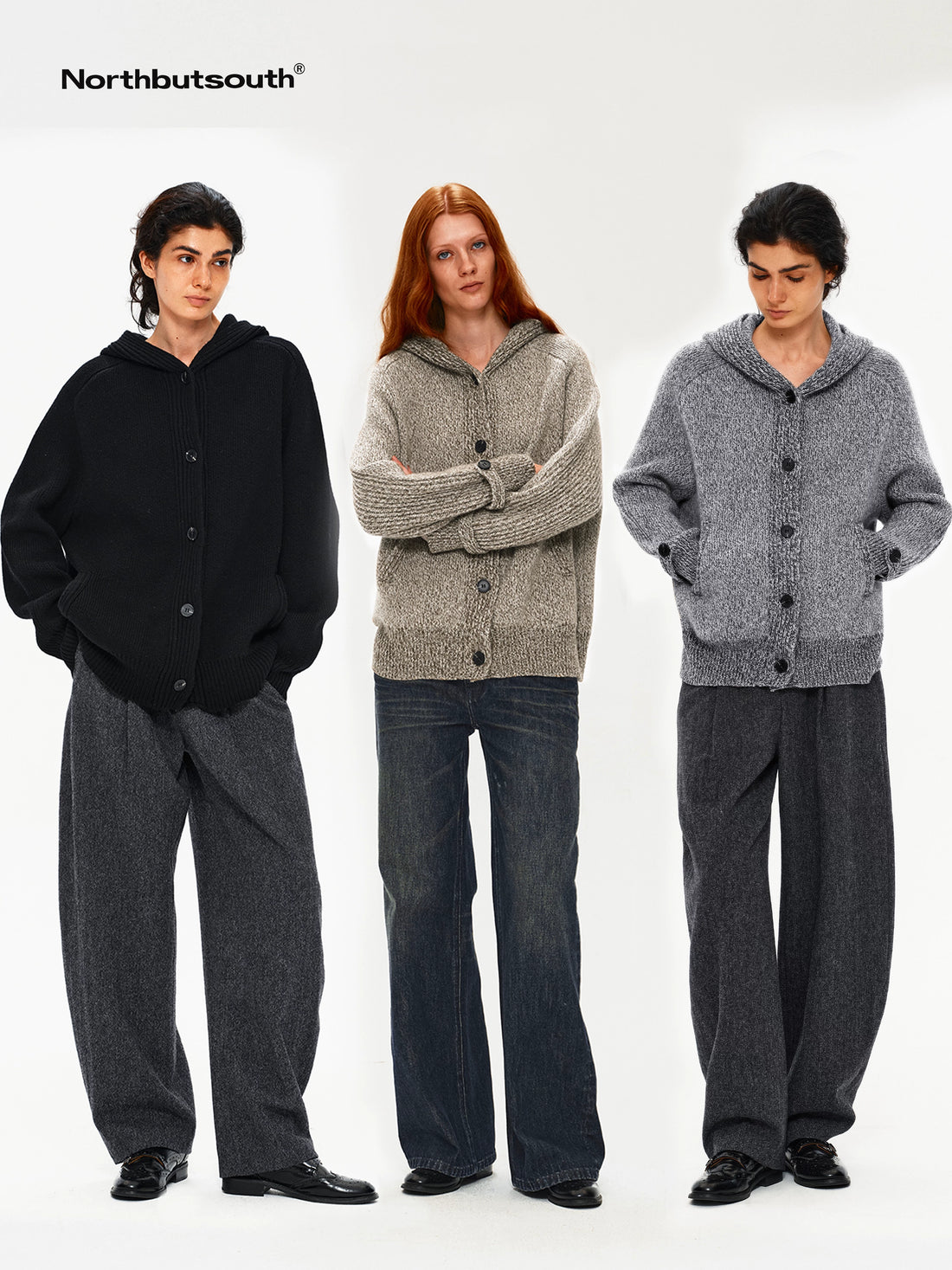 Mixed Yarn Wide Placket Button Straight Hooded Women&