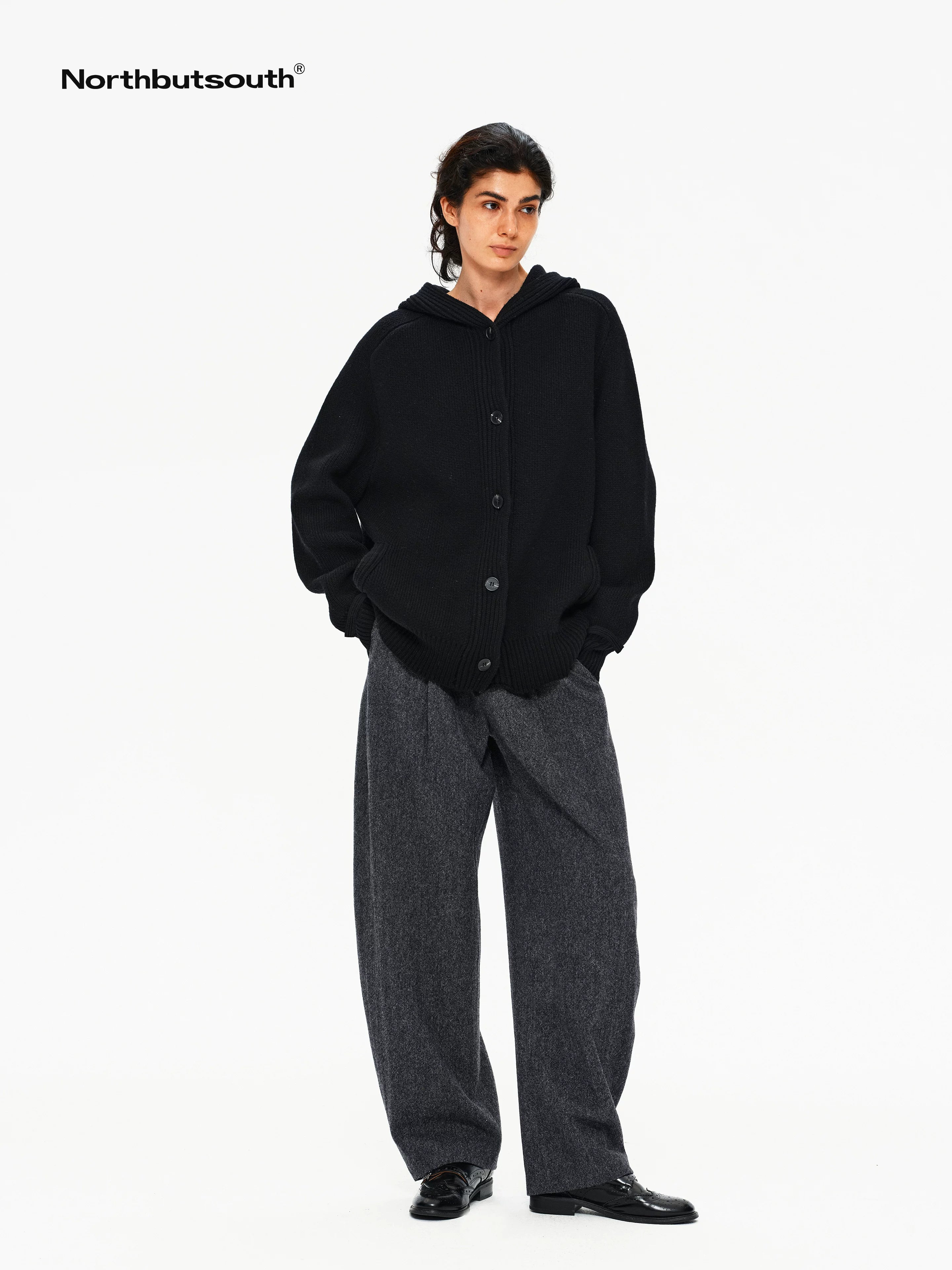 Mixed Yarn Wide Placket Button Straight Hooded Women&