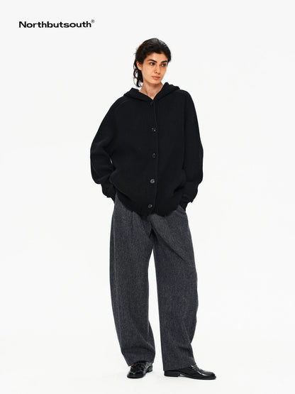 Mixed Yarn Wide Placket Button Straight Hooded Women&