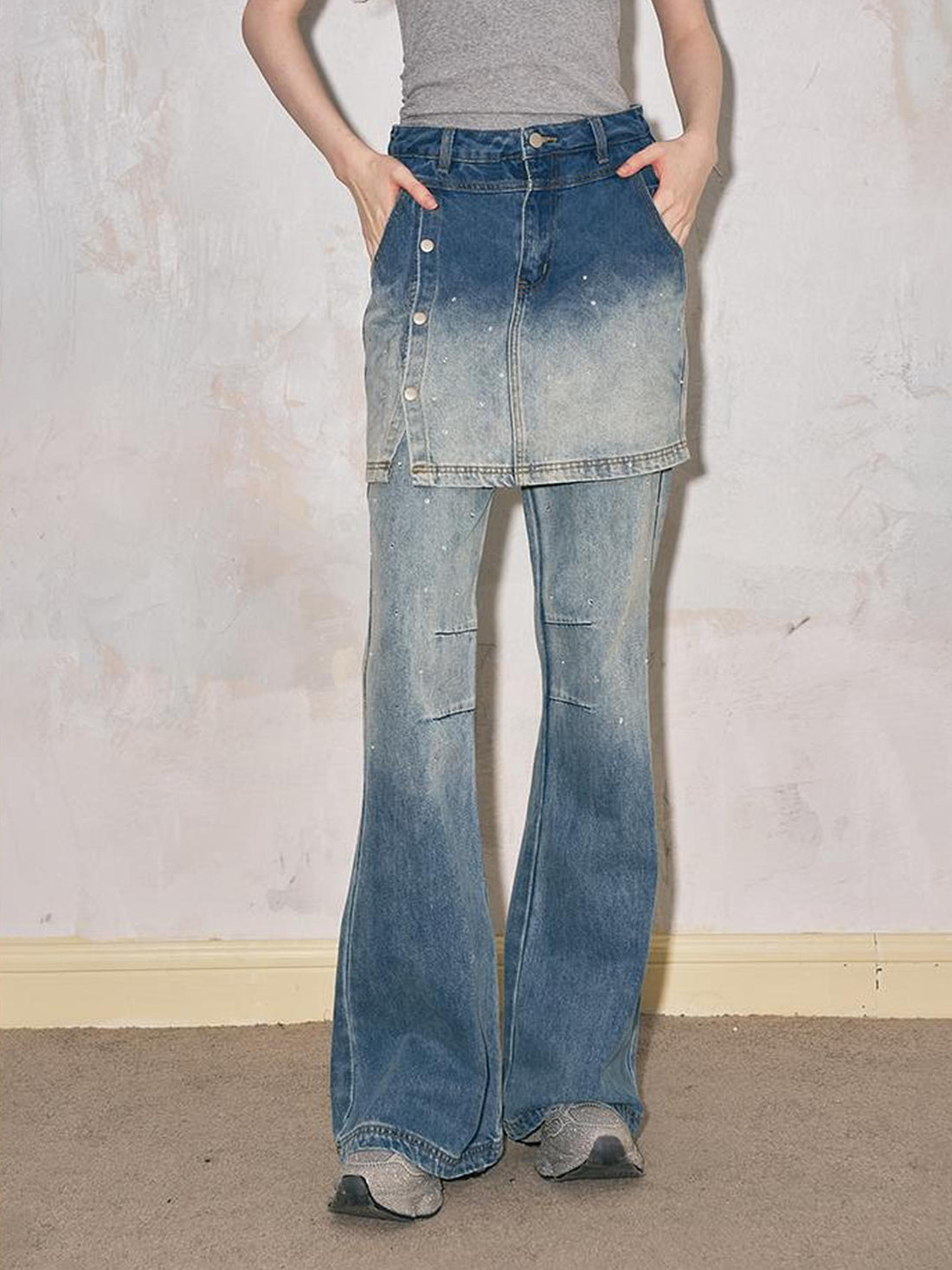 DIDDI MODA Modern Fake Two Piece Button Front Washed Flared Culottes