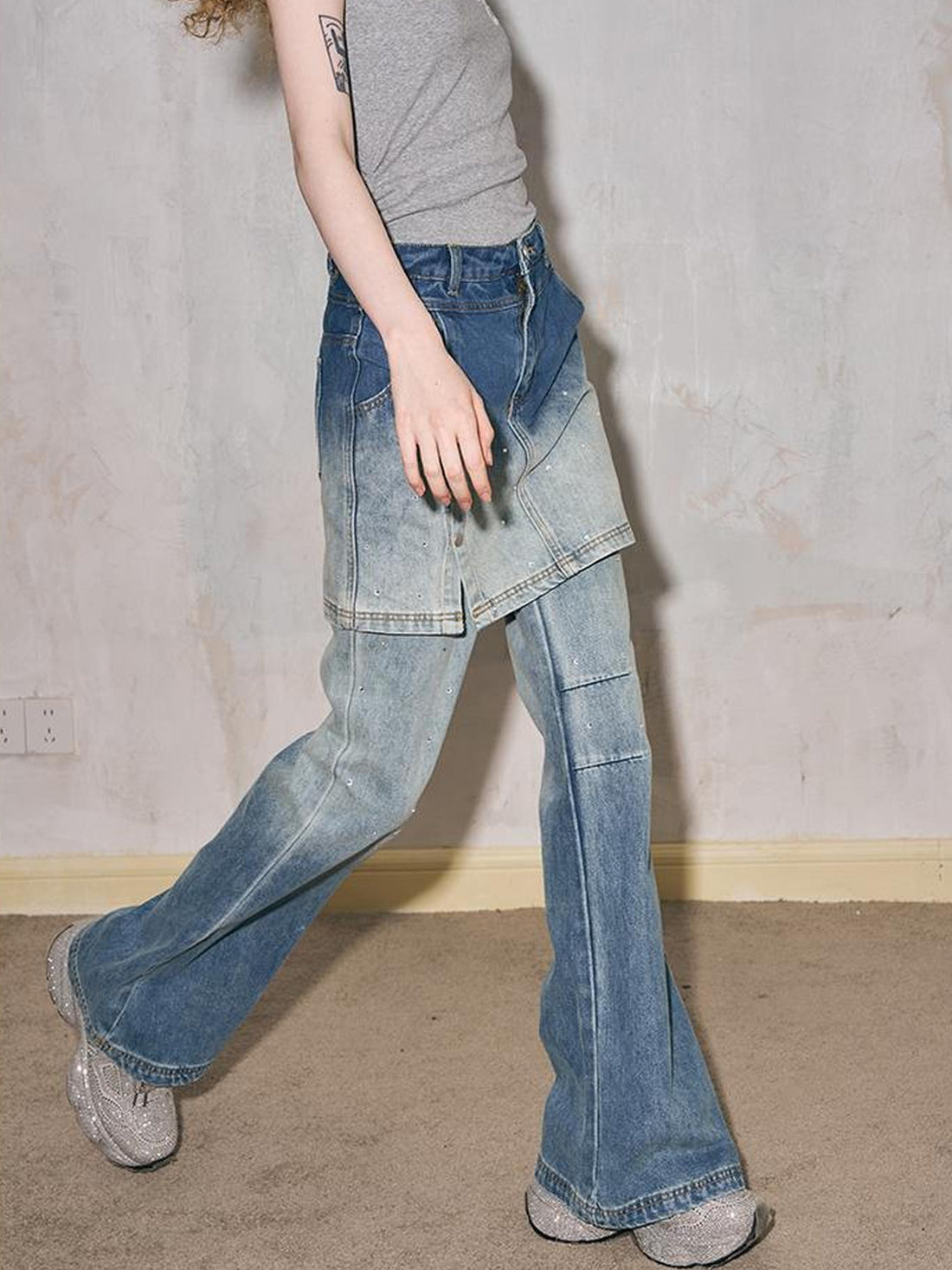 DIDDI MODA Modern Fake Two Piece Button Front Washed Flared Culottes