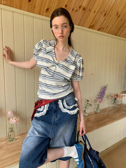 制造（后花园）------人人爱花裙 Moisture Wicking Slim Fit V Neck Puff Sleeve Bow Women Cross Heart Print T-Shirt