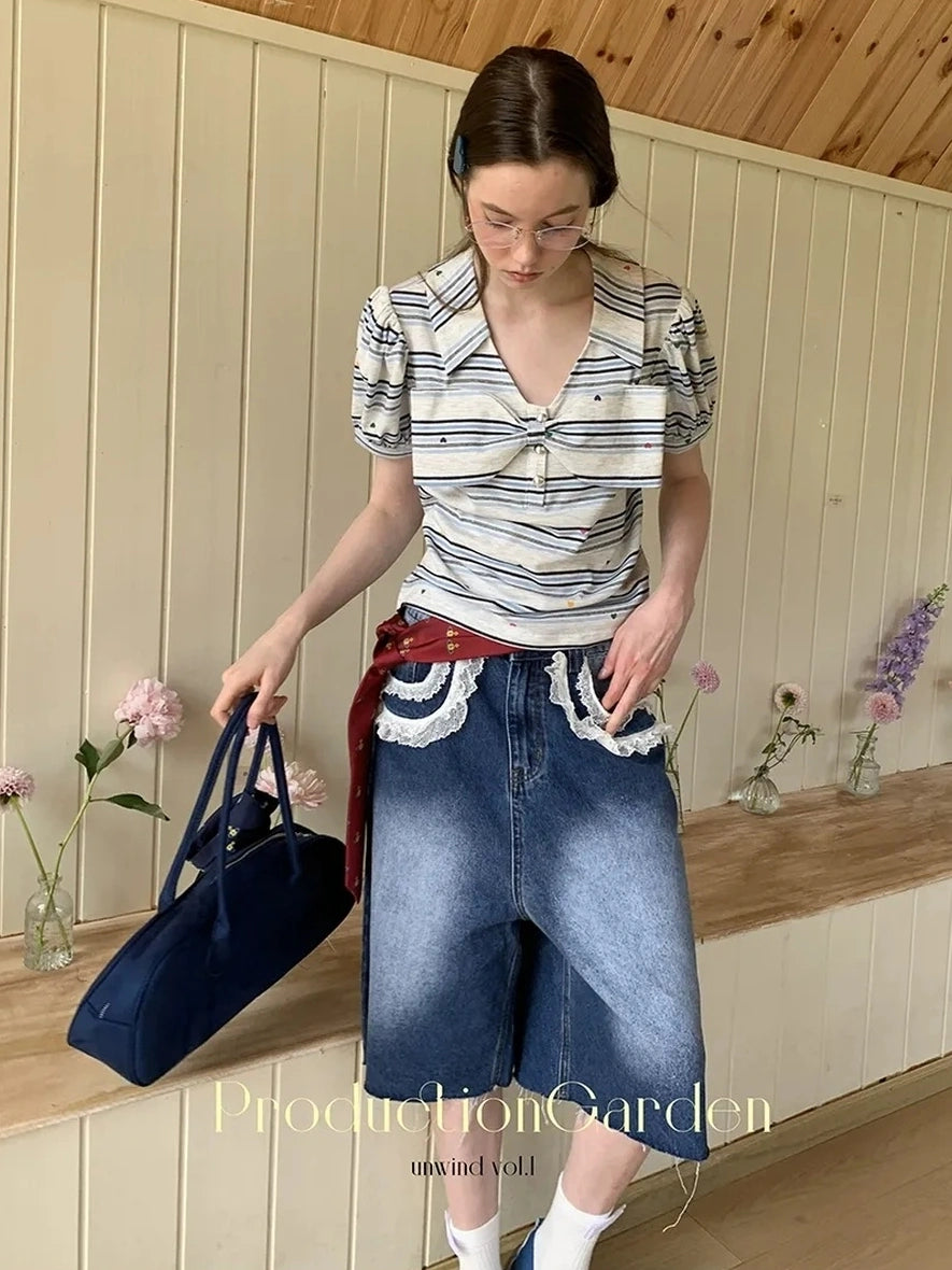 制造（后花园）------人人爱花裙 Moisture Wicking Slim Fit V Neck Puff Sleeve Bow Women Cross Heart Print T-Shirt