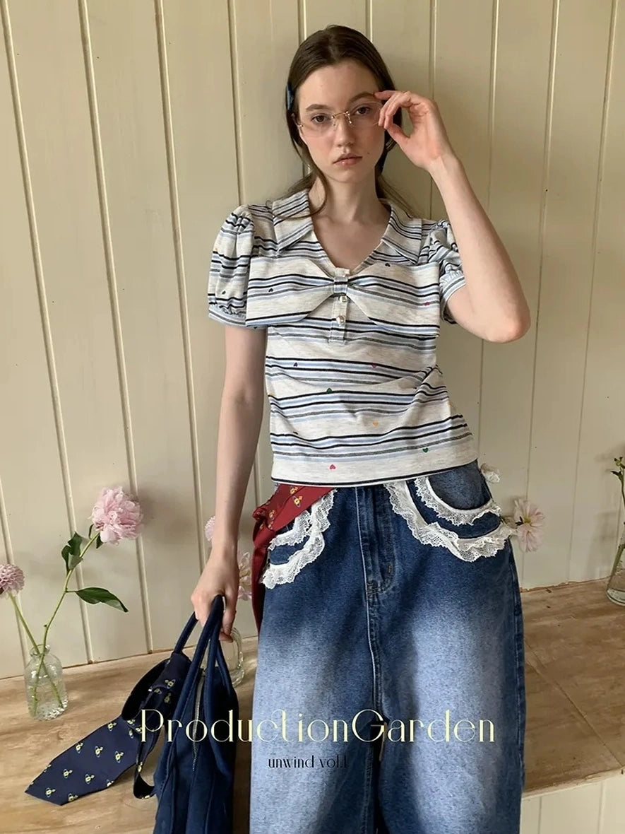 制造（后花园）------人人爱花裙 Moisture Wicking Slim Fit V Neck Puff Sleeve Bow Women Cross Heart Print T-Shirt