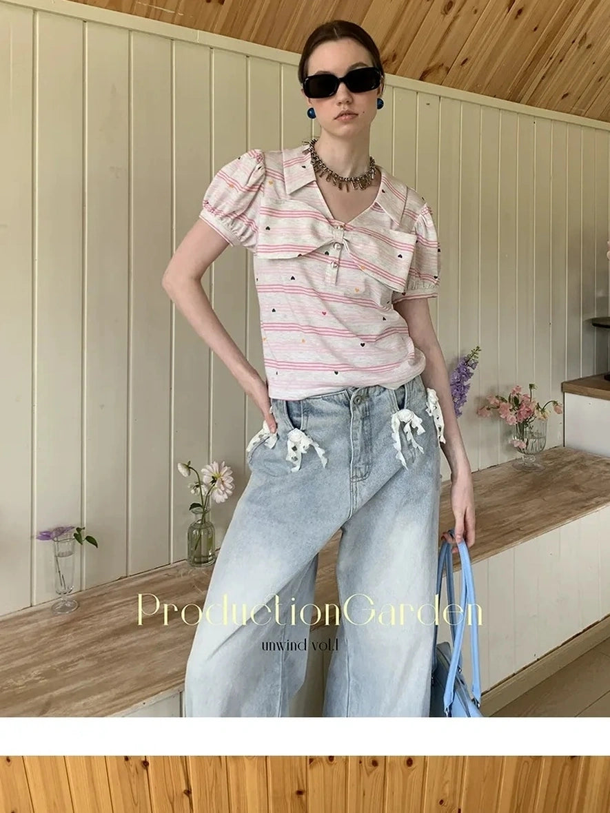 制造（后花园）------人人爱花裙 Moisture Wicking Slim Fit V Neck Puff Sleeve Bow Women Cross Heart Print T-Shirt