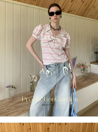 制造（后花园）------人人爱花裙 Moisture Wicking Slim Fit V Neck Puff Sleeve Bow Women Cross Heart Print T-Shirt