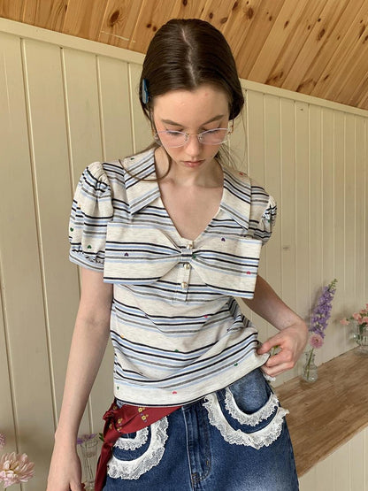 制造（后花园）------人人爱花裙 Moisture Wicking Slim Fit V Neck Puff Sleeve Bow Women Cross Heart Print T-Shirt