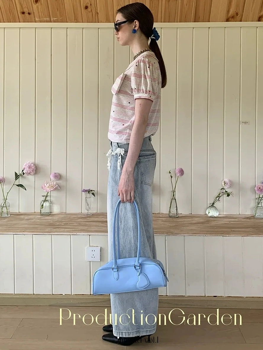 制造（后花园）------人人爱花裙 Moisture Wicking Slim Fit V Neck Puff Sleeve Bow Women Cross Heart Print T-Shirt