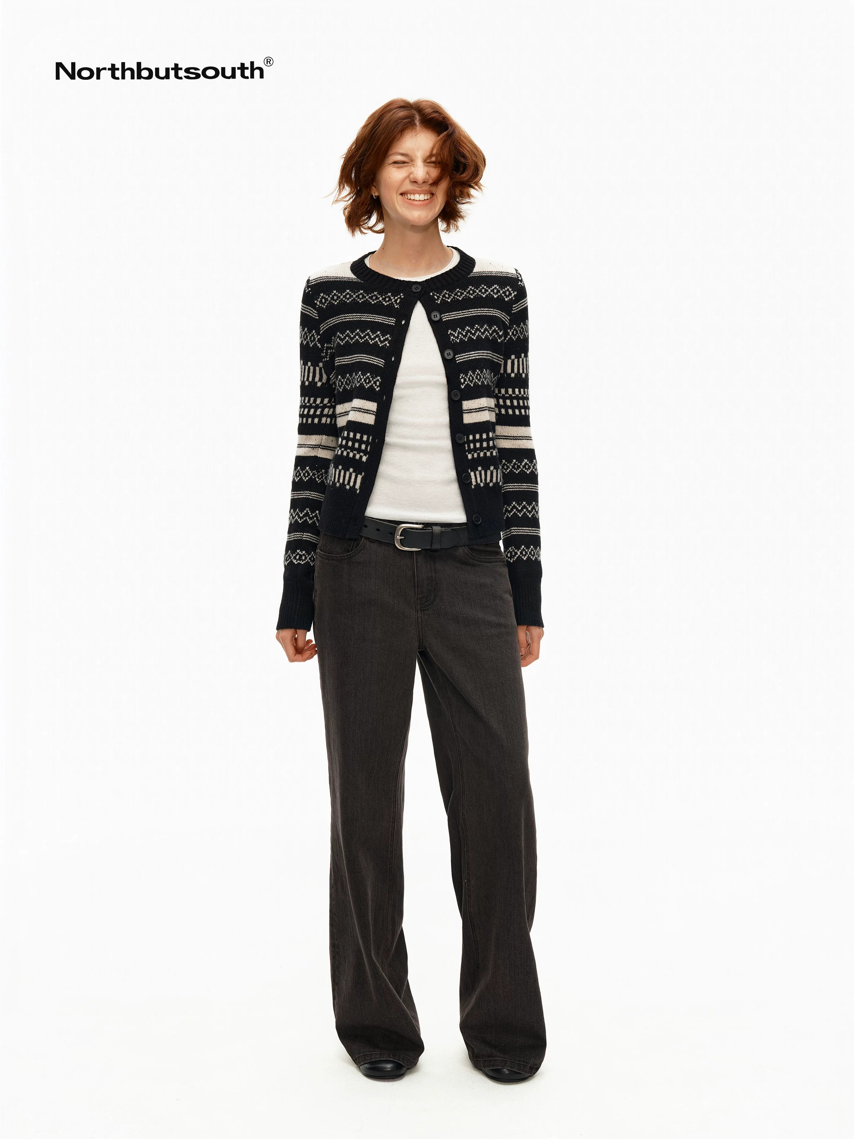 Monochrome Striped Fair Isle Small Crewneck Women&
