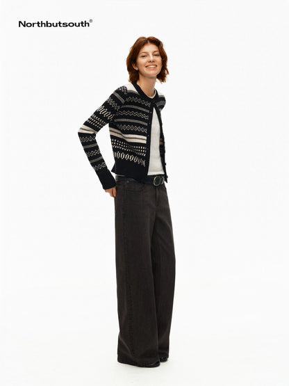 Monochrome Striped Fair Isle Small Crewneck Women&